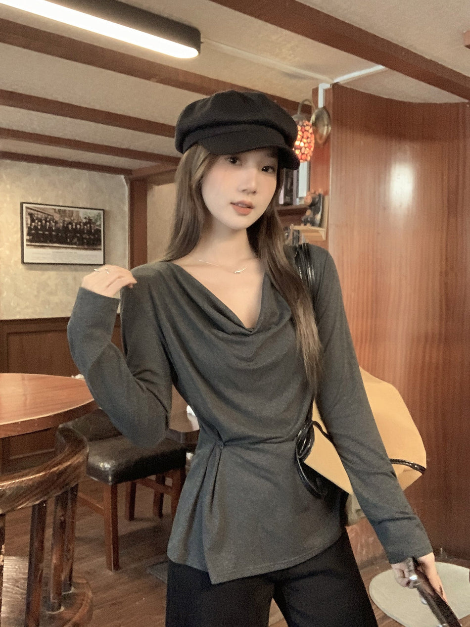 Gray Off Shoulder Pleated Long Sleeve Top