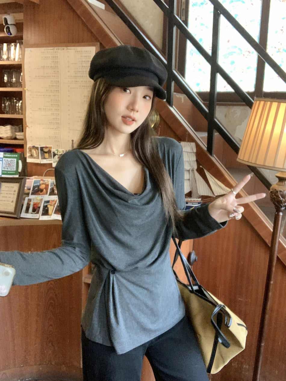 Gray Off Shoulder Pleated Long Sleeve Top