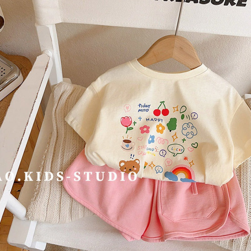 Kids Cotton T-Shirt 2026 Summer Rainbow Flower Top