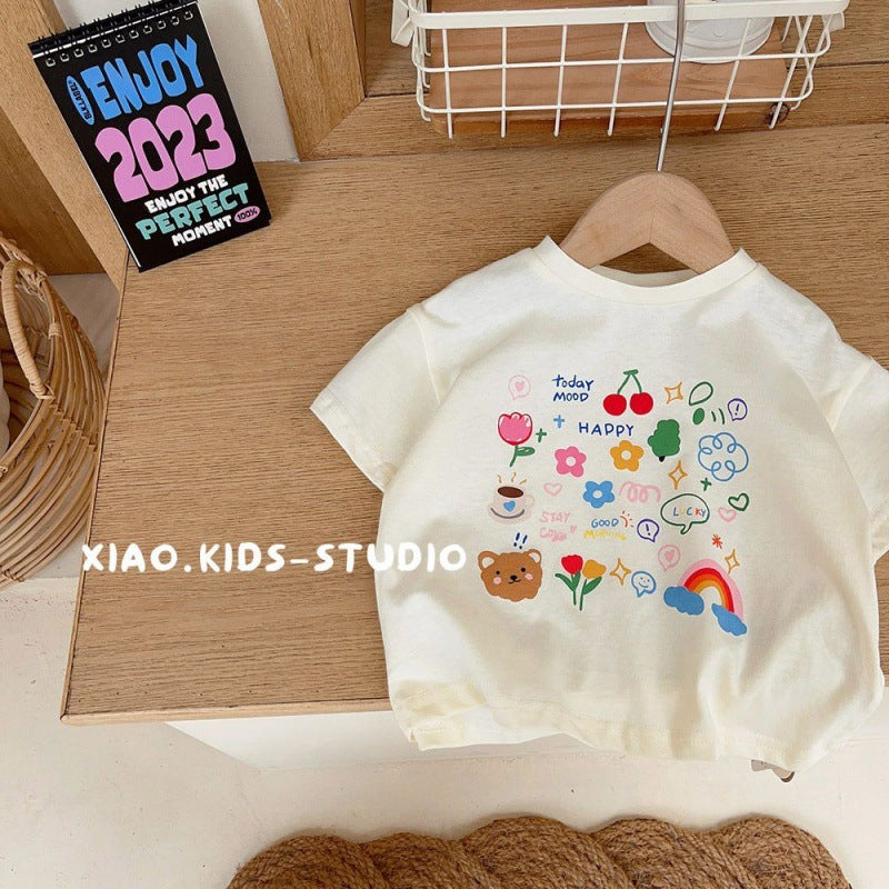 Kids Cotton T-Shirt 2026 Summer Rainbow Flower Top