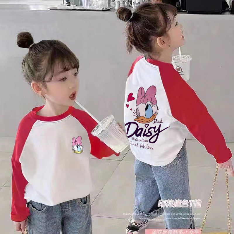 Girls Color-Blocked Cotton T-Shirt 2026 Korean Style