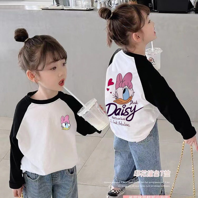 Girls Color-Blocked Cotton T-Shirt 2026 Korean Style
