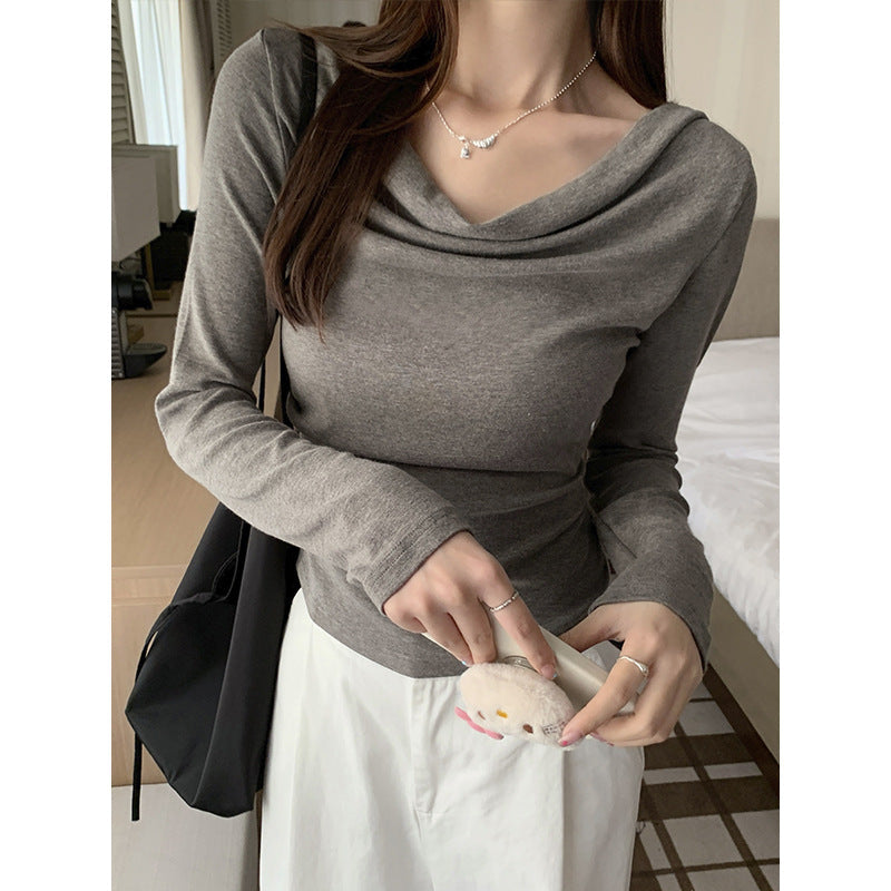 Grey Oblique Shoulder Slim Fit Top