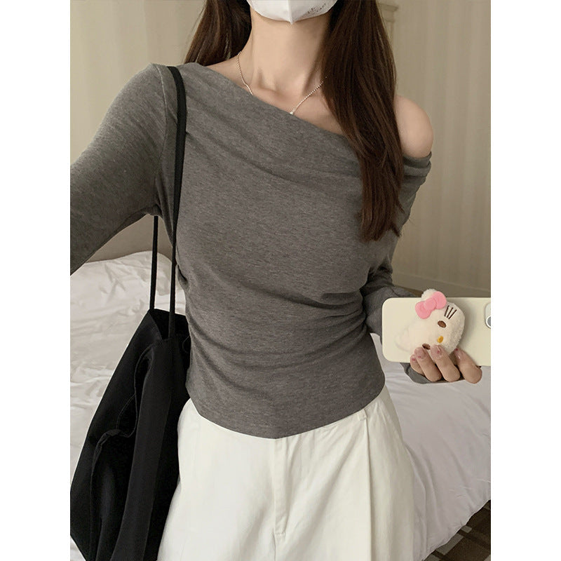 Grey Oblique Shoulder Slim Fit Top