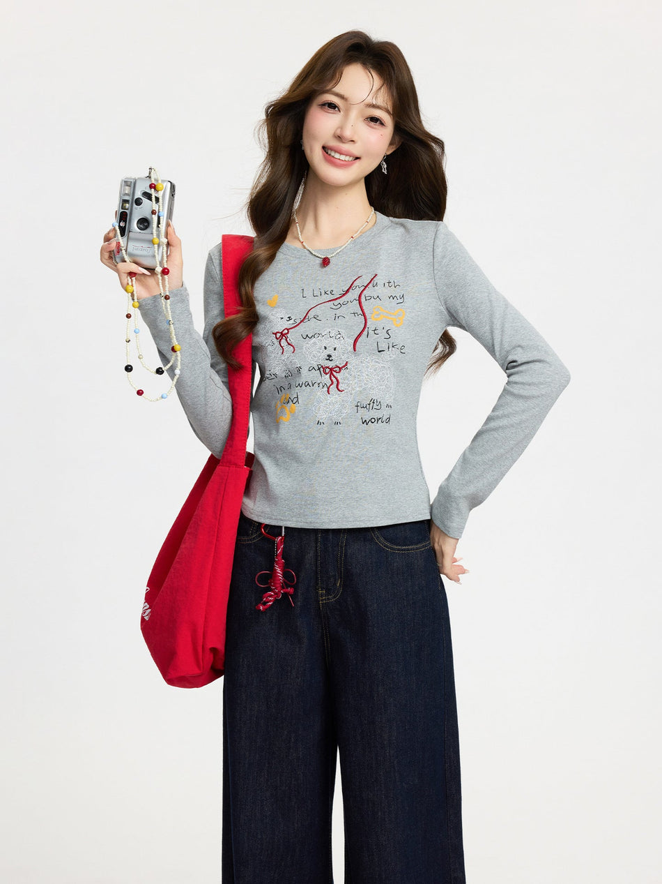 Gray Puppy Embroidery Slim Fit Top
