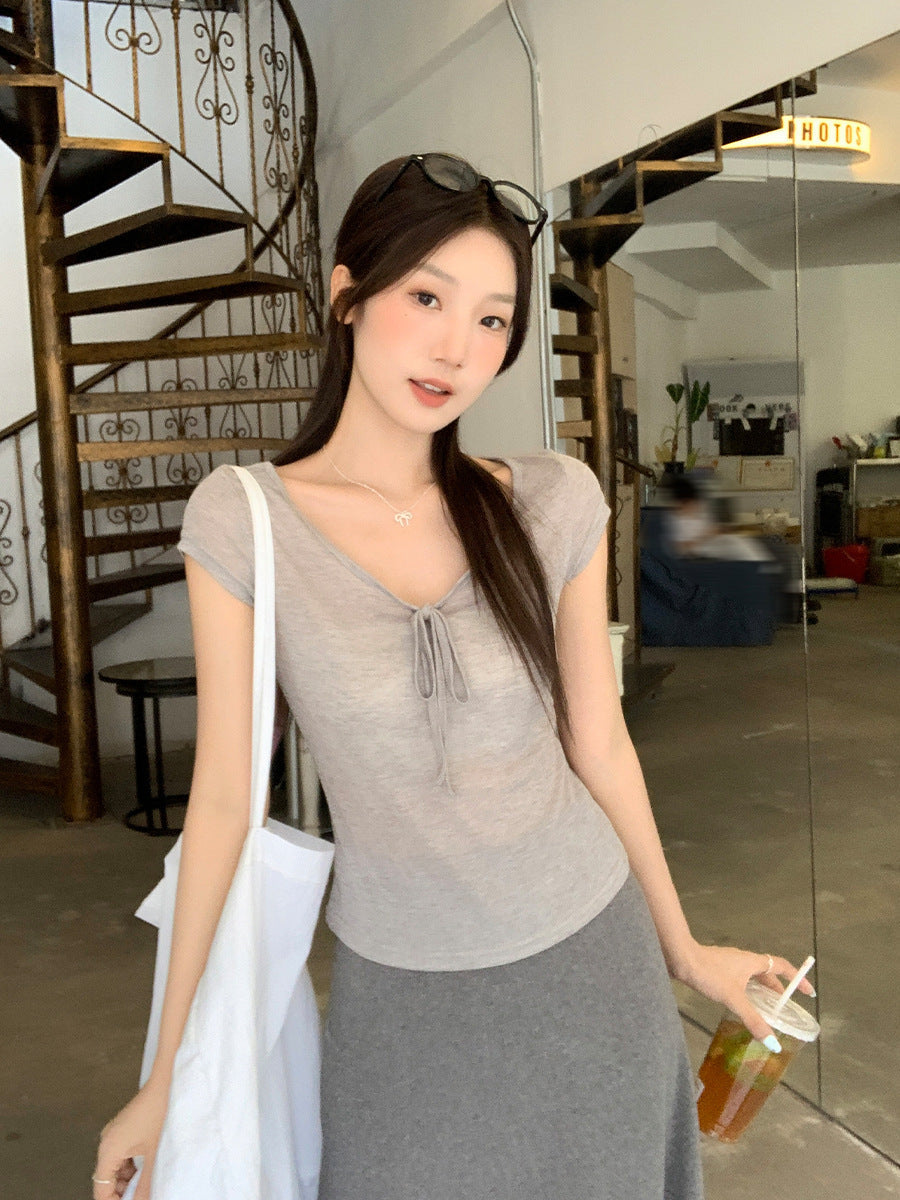 U Neck Tie Up Shoulder Slim Fit Top