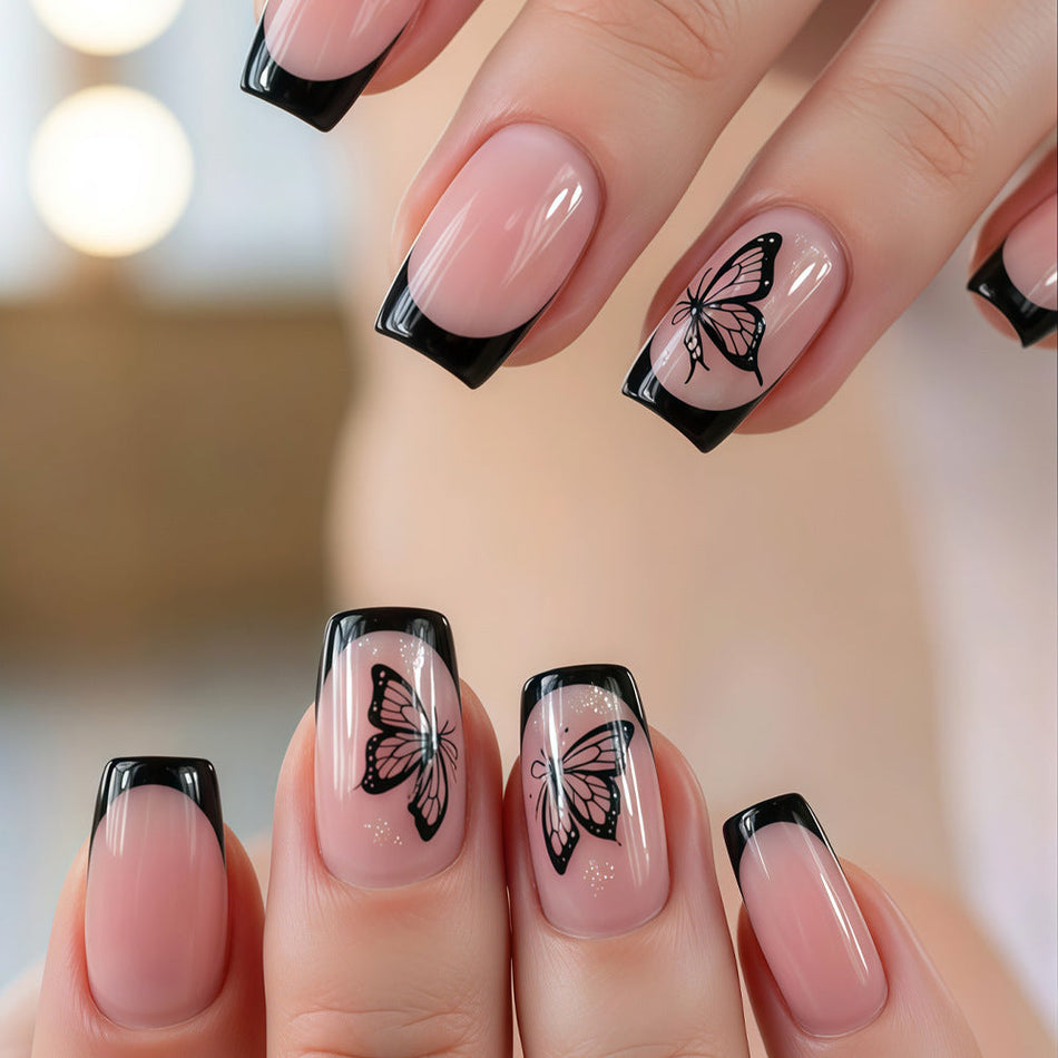 Butterfly French Nails – Black & Pink Style