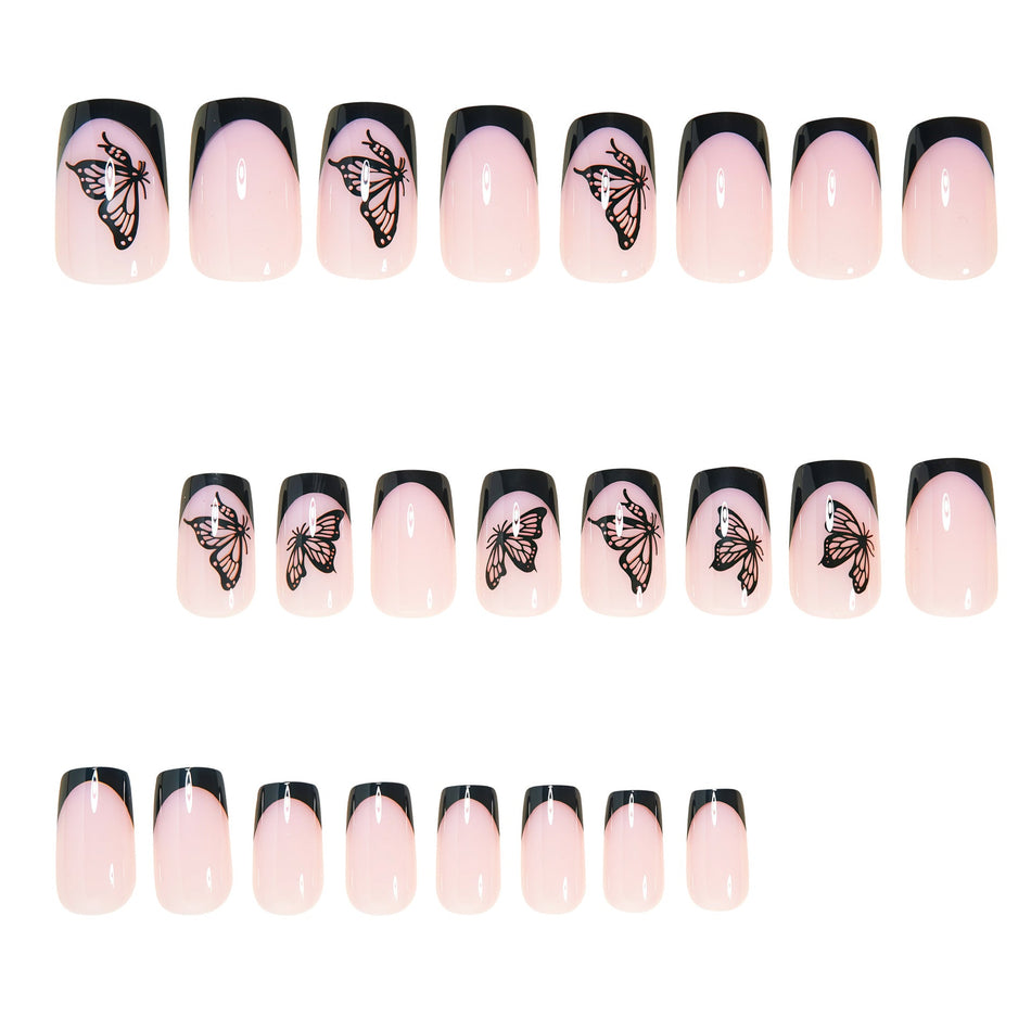 Butterfly French Nails – Black & Pink Style