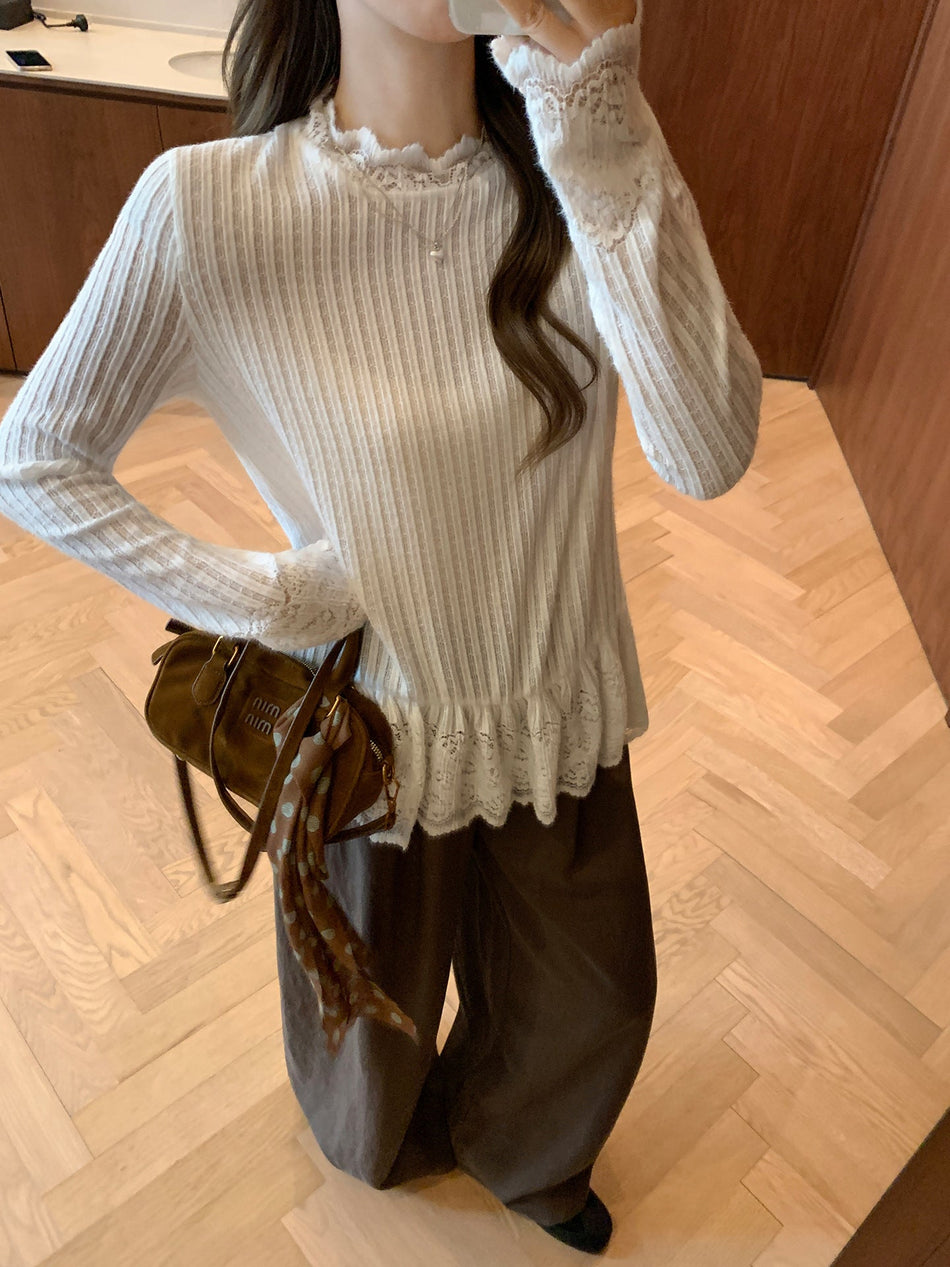 French Mesh Lace Hem Slim Fit Top