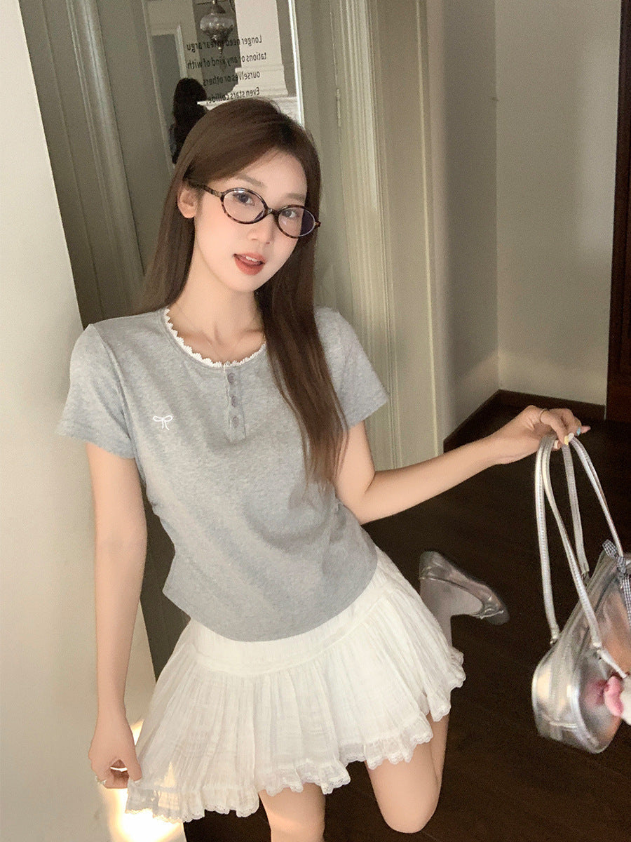 Lace Embroidered Bow Pleated T Shirt