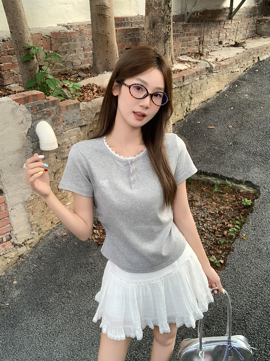 Lace Embroidered Bow Pleated T Shirt