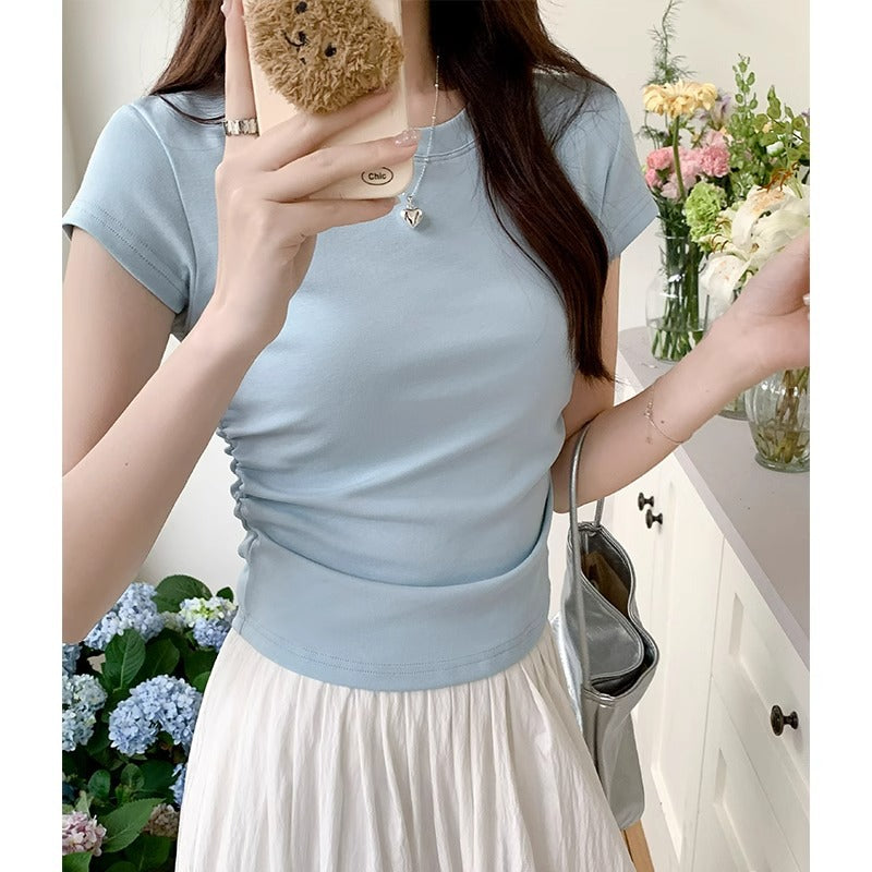 Blue Ruched Waist Slim Fit Flutter Sleeve Top