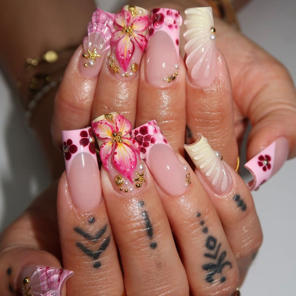 Pink French 3D Flower Nails – Diamond Square Set