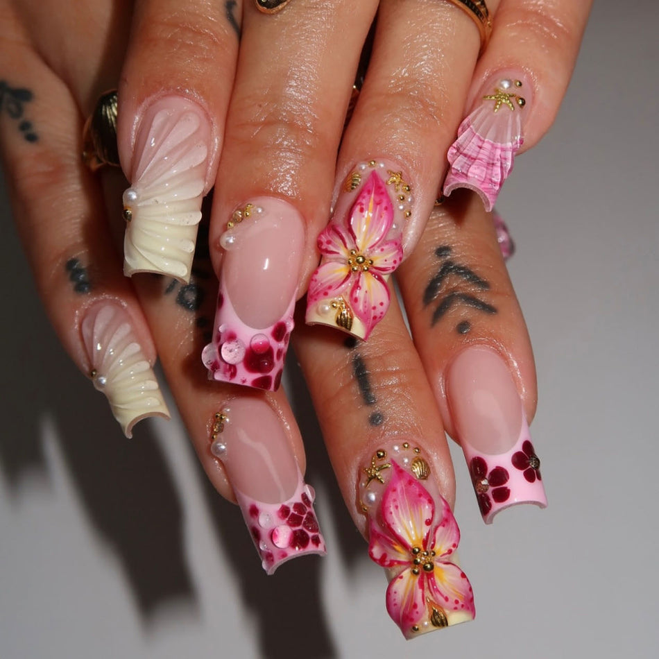 Pink French 3D Flower Nails – Diamond Square Set
