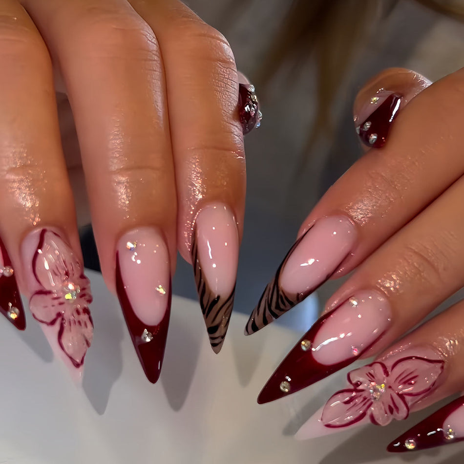 Wine Red French Nails – 3D Diamond Almond Set