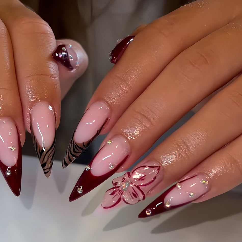 Wine Red French Nails – 3D Diamond Almond Set