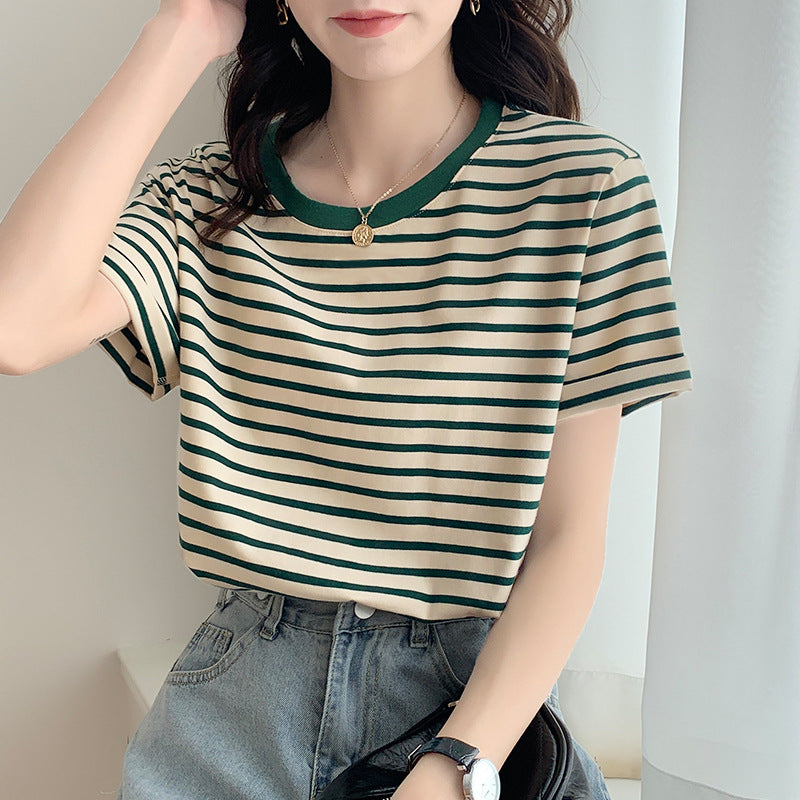 Green Striped Loose Round Neck T Shirt