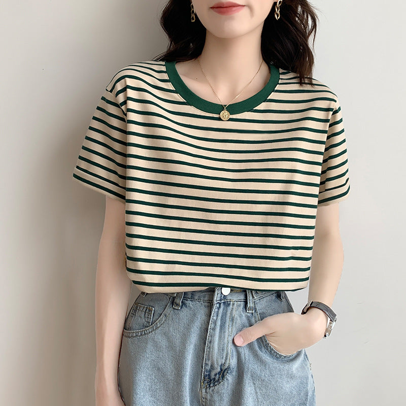 Green Striped Loose Round Neck T Shirt