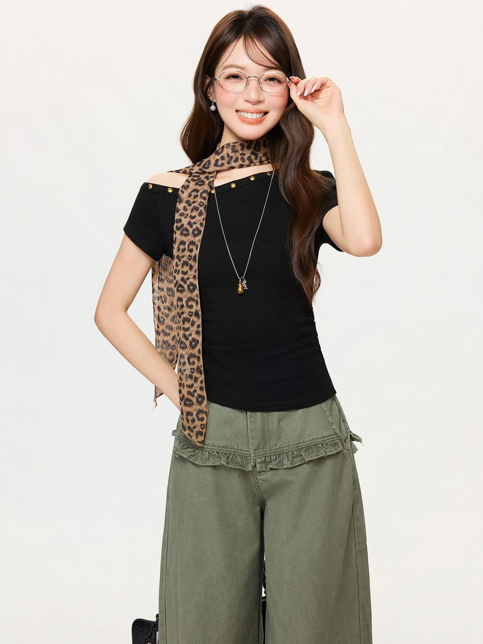 Black Rivet Off Shoulder Slim Fit T Shirt