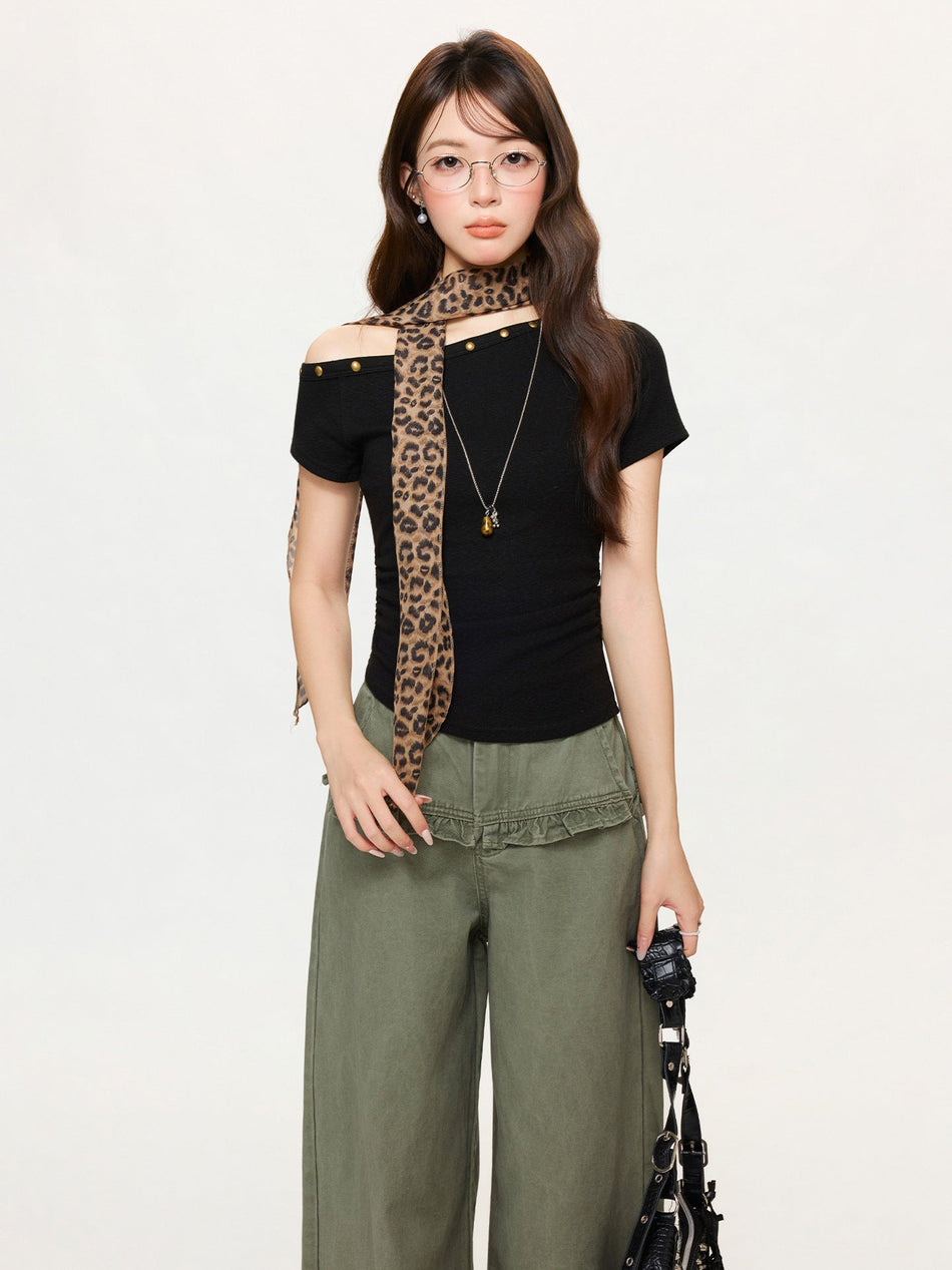 Black Rivet Off Shoulder Slim Fit T Shirt
