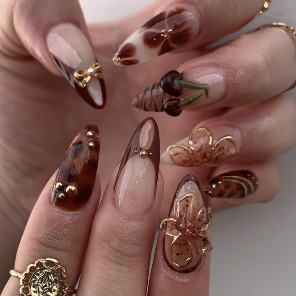 3D Cherry Flower Almond Nails – Elegant Wearable Set