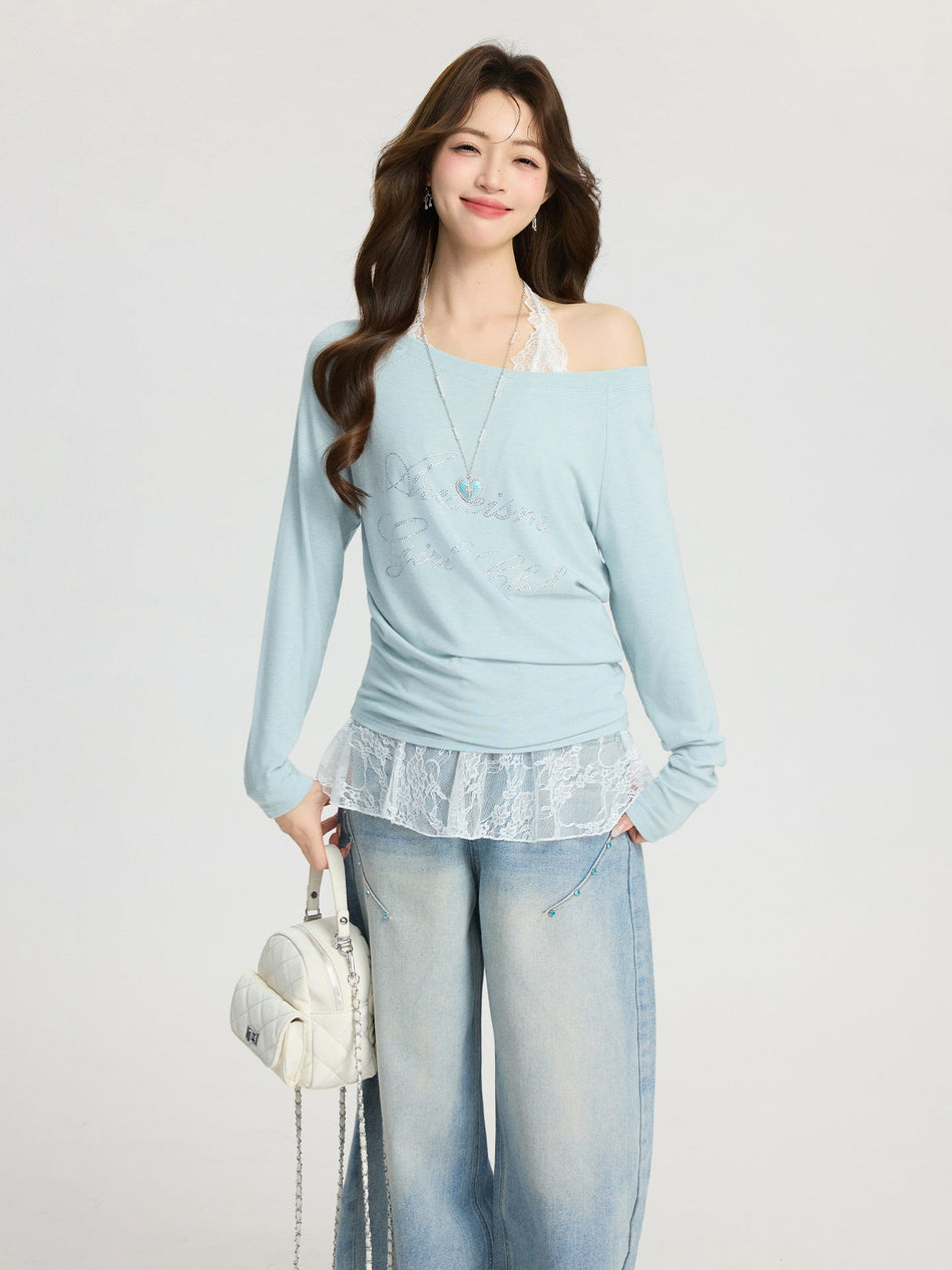Rhinestone Off Shoulder Loose Slim Fit Tee