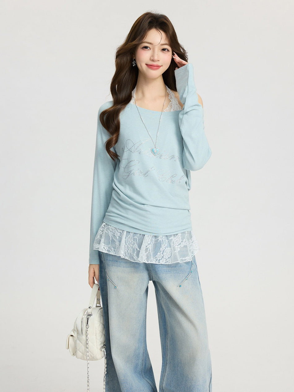 Rhinestone Off Shoulder Loose Slim Fit Tee