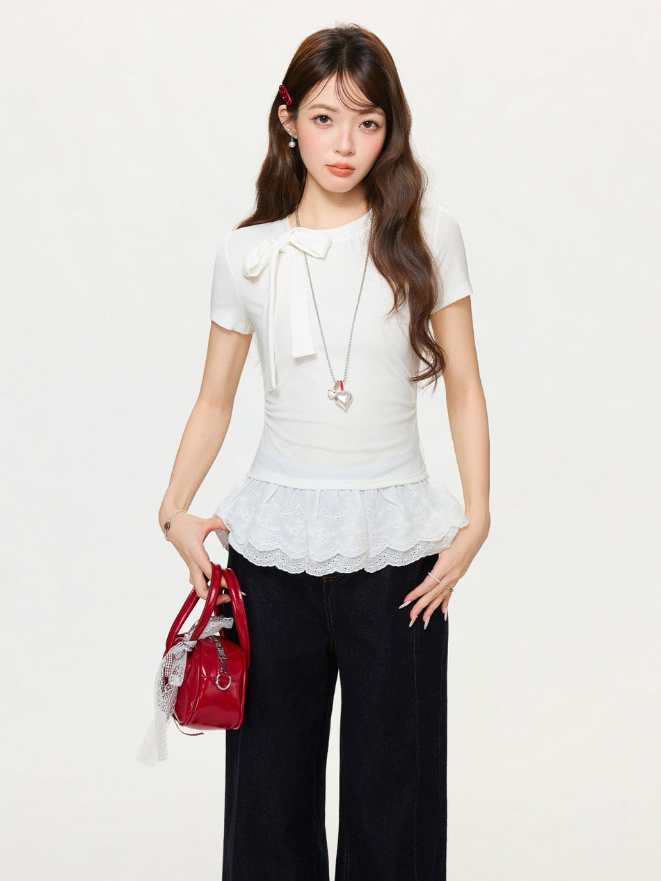 Korean Bow Lace Hem Slim Fit Top