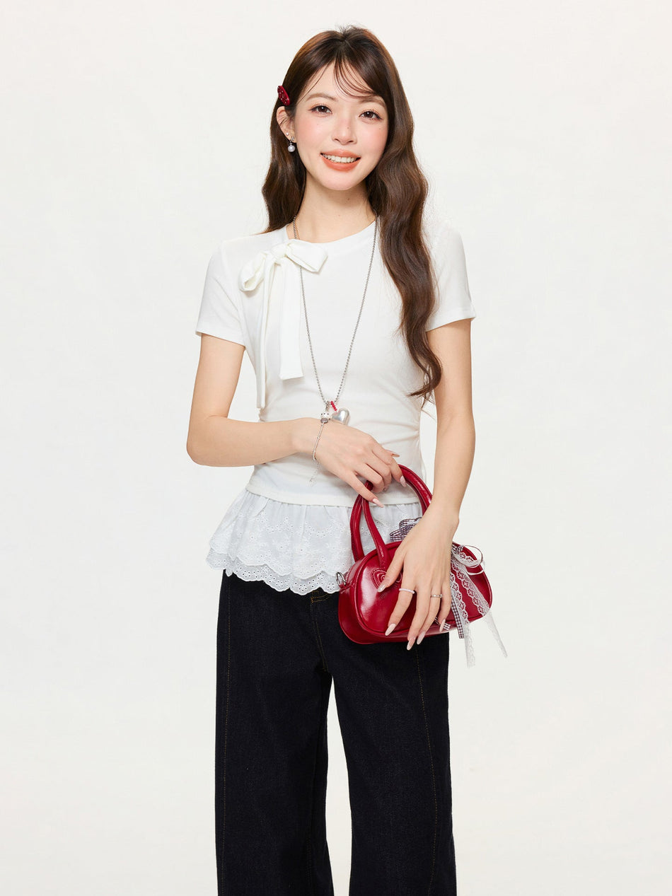Korean Bow Lace Hem Slim Fit Top