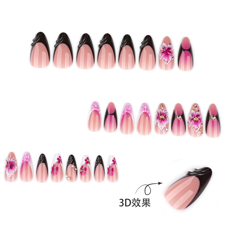 Black 3D Flower Almond Nails – Elegant Short Set