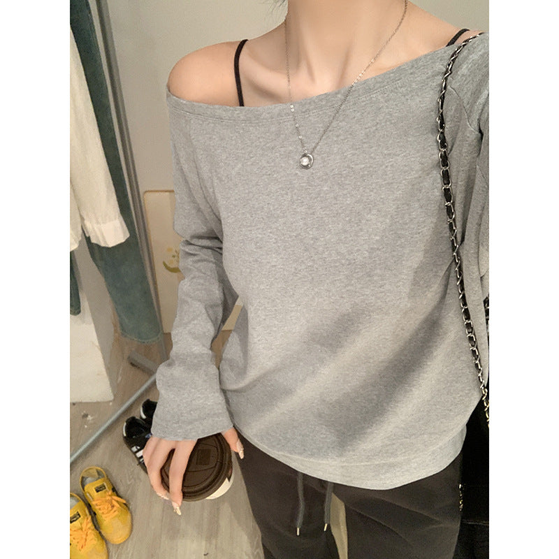 Grey Off Shoulder Loose Long Sleeve Top