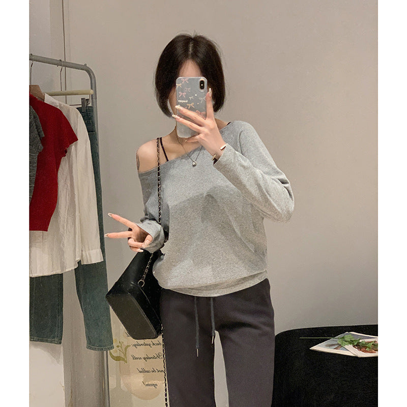 Grey Off Shoulder Loose Long Sleeve Top
