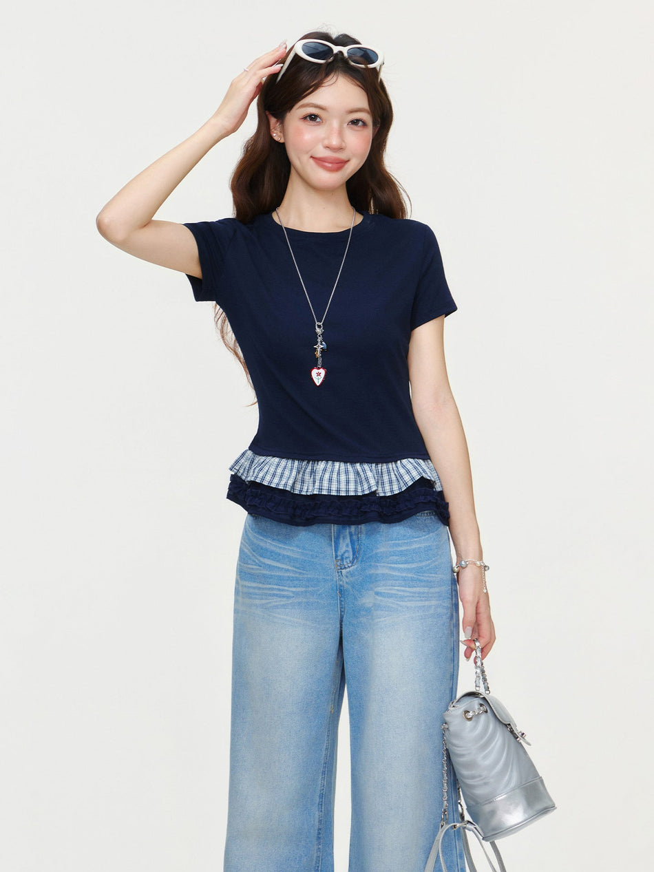 Plaid Hem Slim Fit Round Neck T Shirt