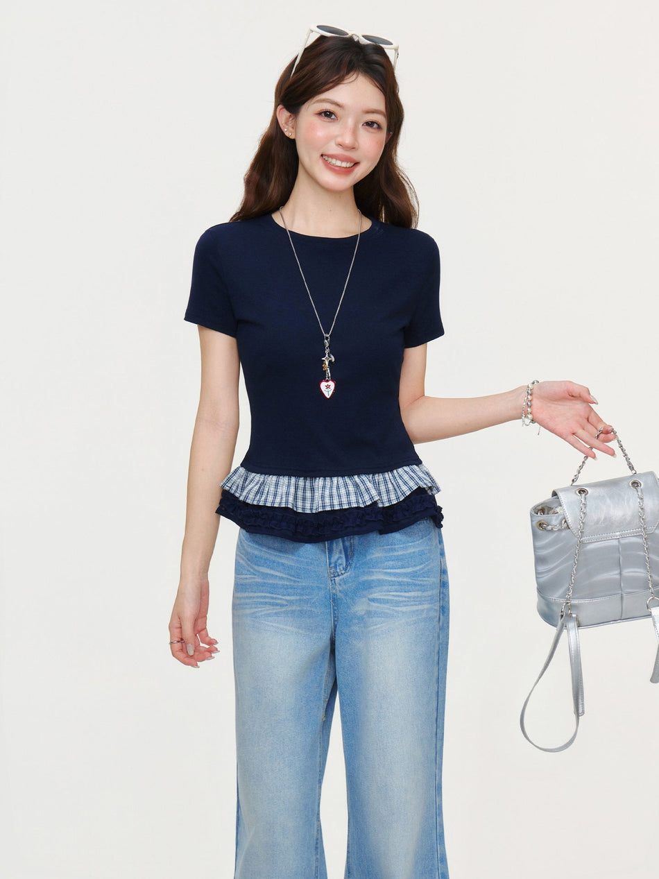 Plaid Hem Slim Fit Round Neck T Shirt