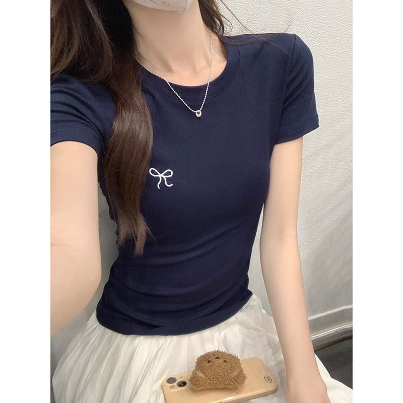 Bow Embroidery Slim Fit Short Sleeve Top