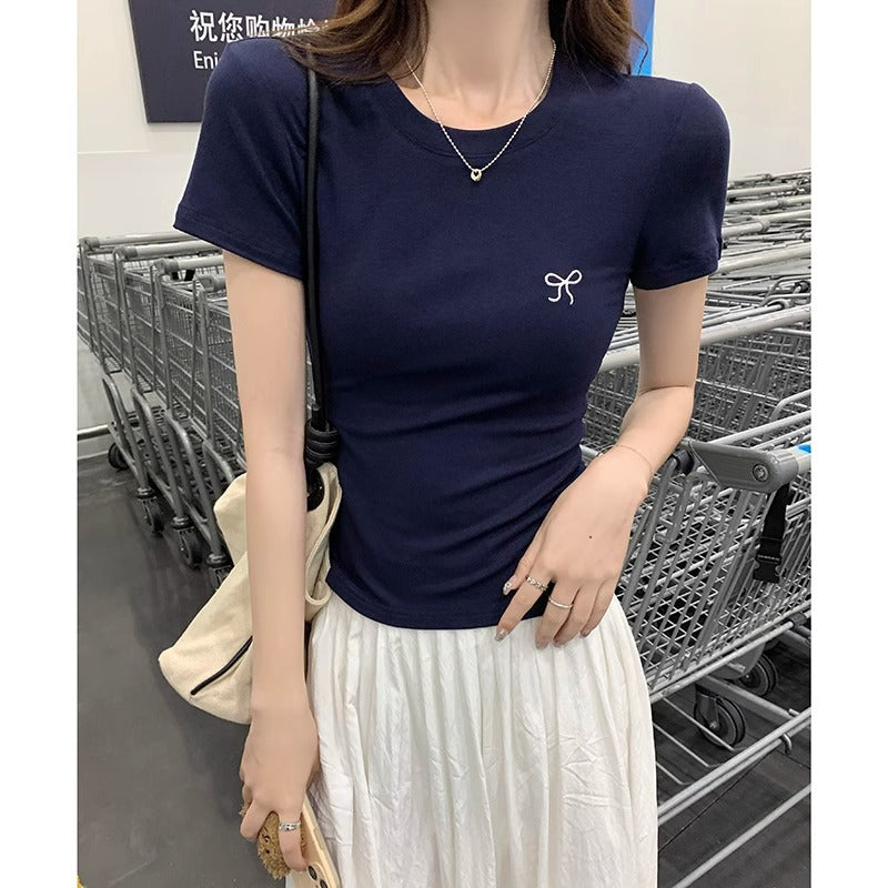 Bow Embroidery Slim Fit Short Sleeve Top