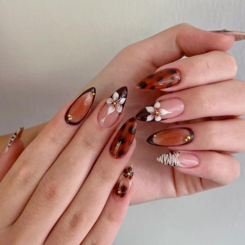 Mocha Brown 3D Flower Nails – Rhinestone Almond Set