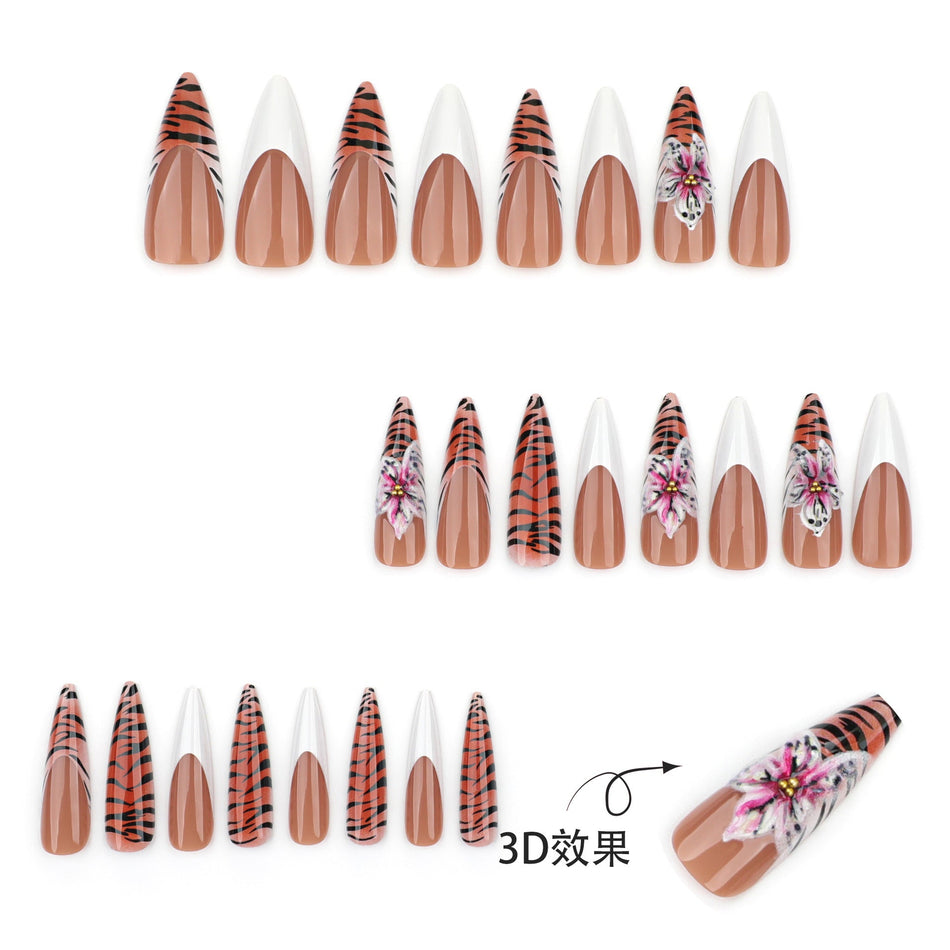 White French 3D Flower Nails – Leopard Style Set