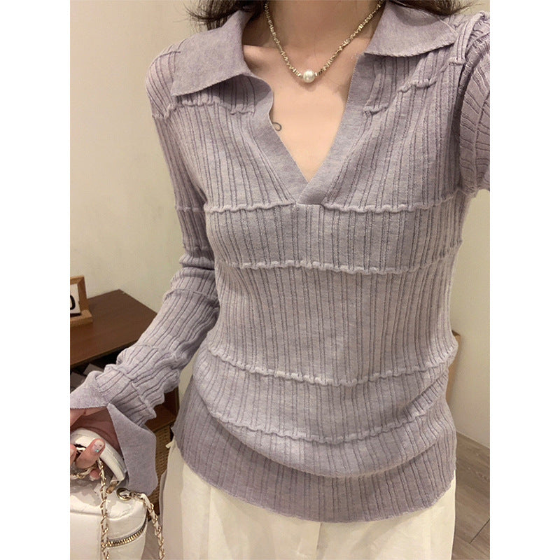Purple Polo Knit Slim Fit Autumn Top