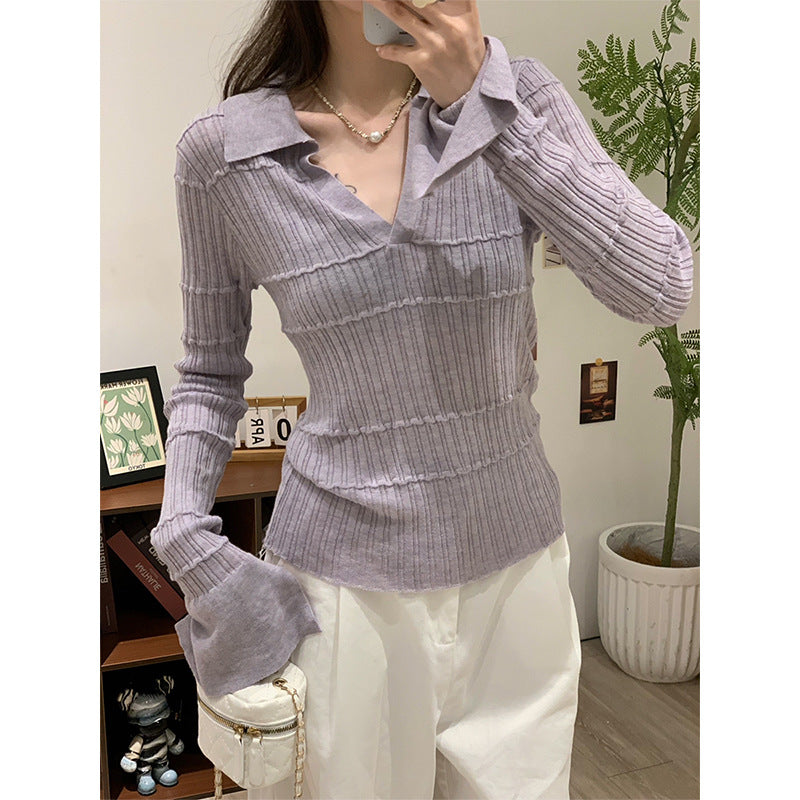 Purple Polo Knit Slim Fit Autumn Top
