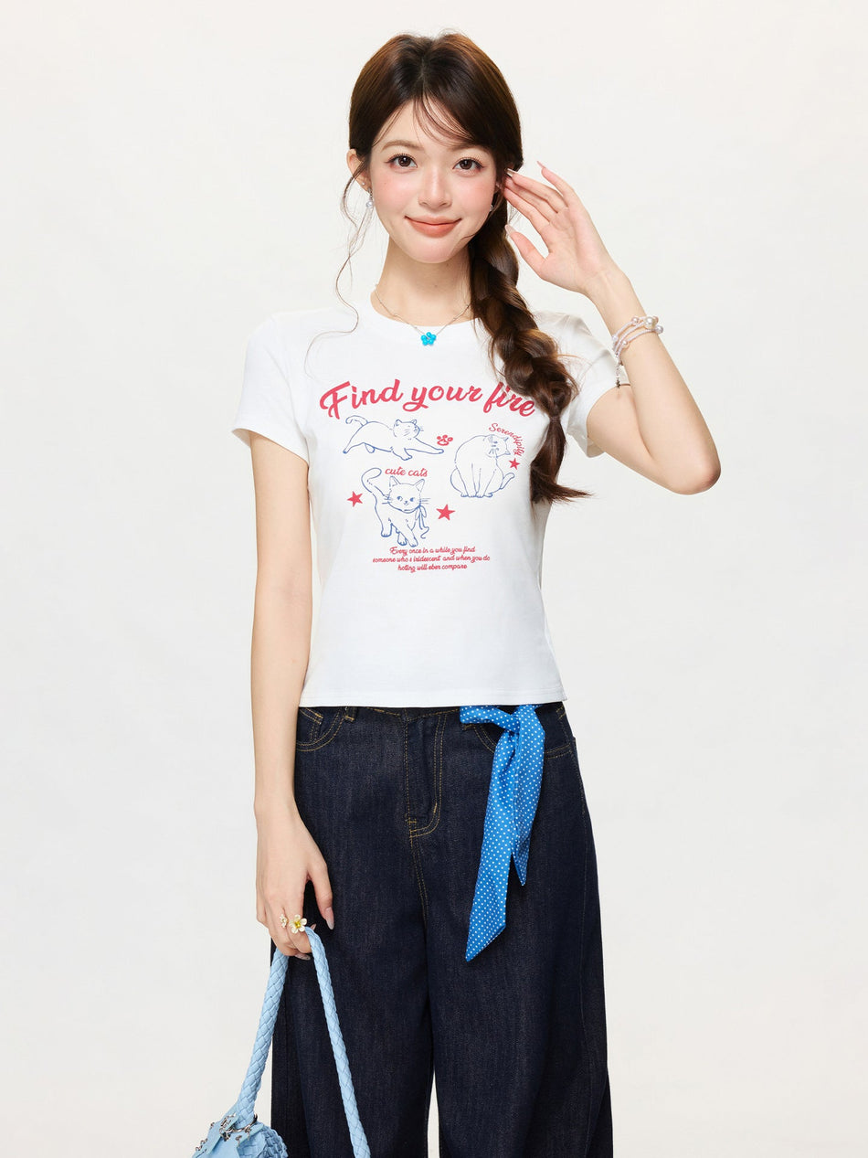 Korean Cat Print Off Shoulder Slim Fit Top