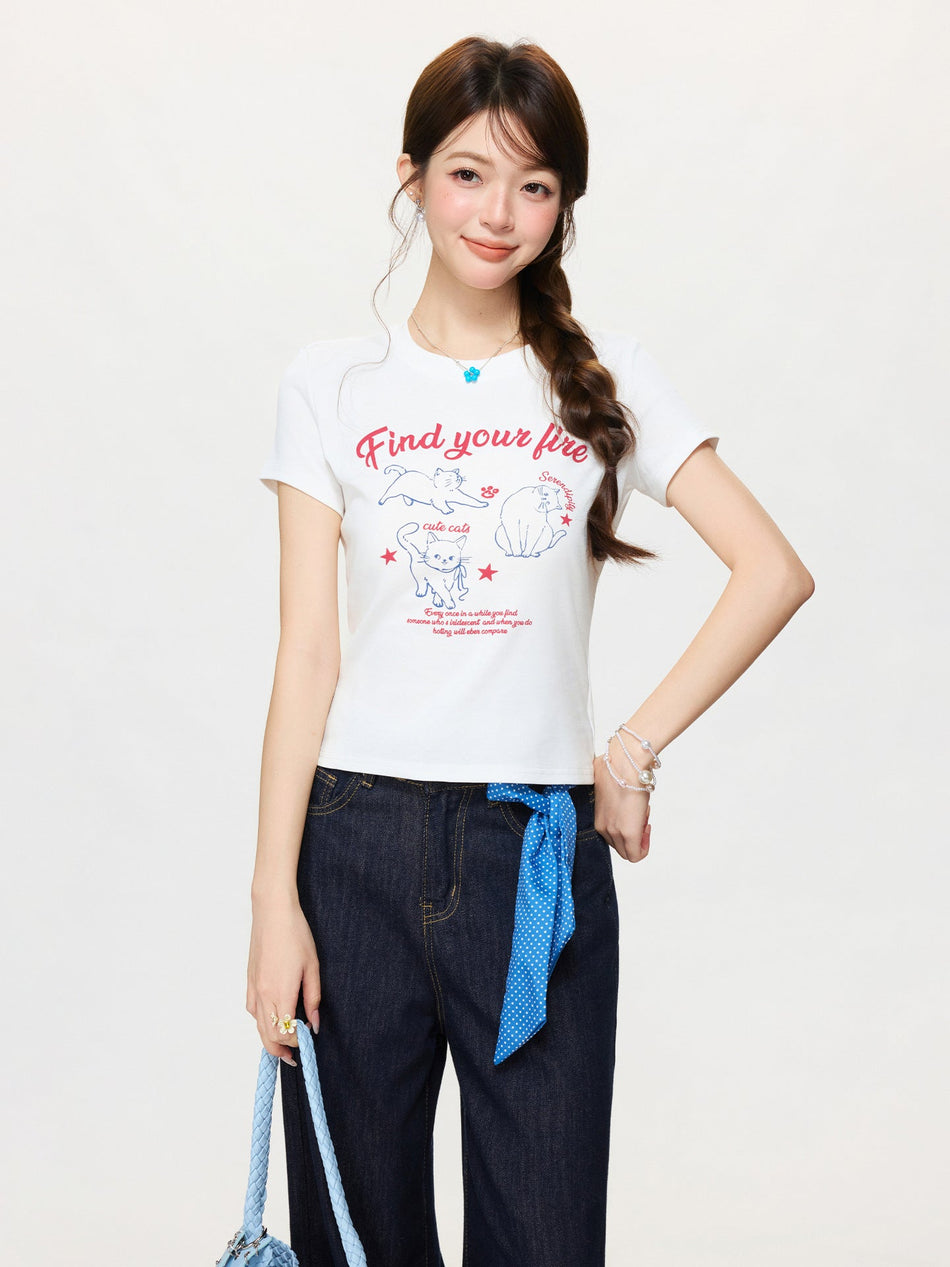Korean Cat Print Off Shoulder Slim Fit Top