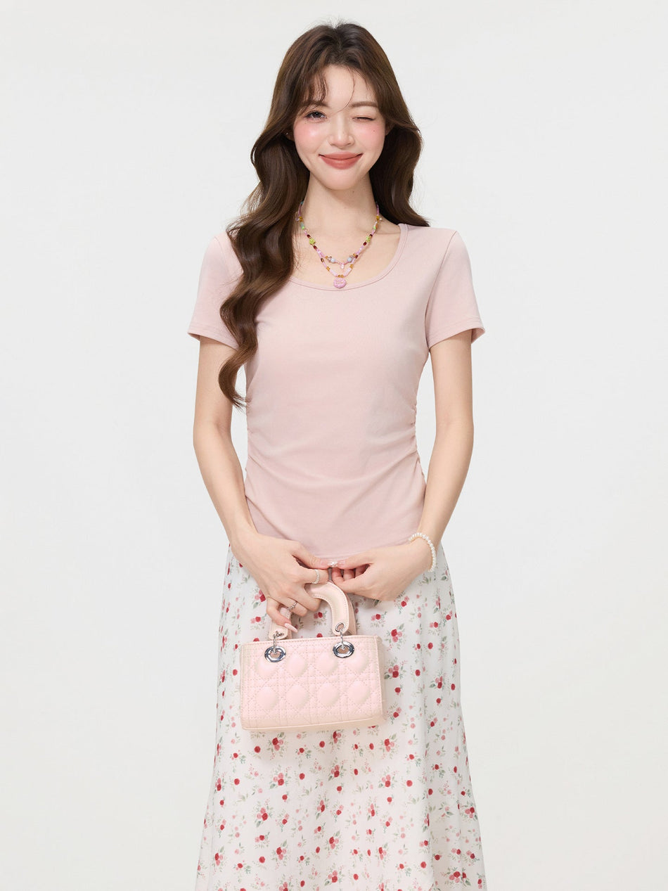 Pink U Neck Slim Fit Short Sleeve T Shirt