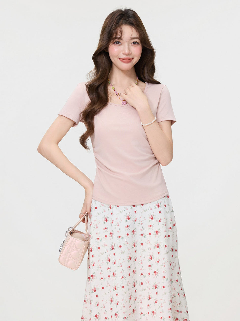 Pink U Neck Slim Fit Short Sleeve T Shirt