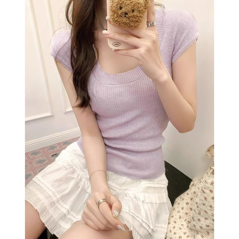 White U Neck Slim Fit Knit Summer T Shirt