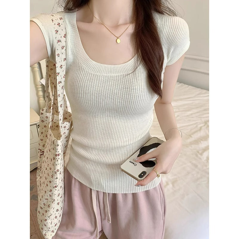 White U Neck Slim Fit Knit Summer T Shirt