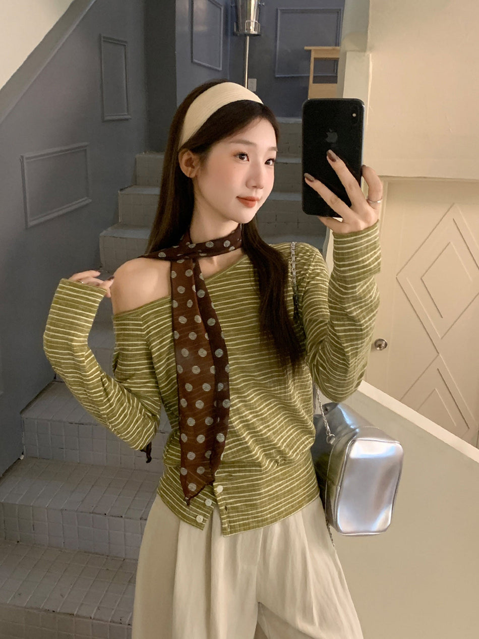 Retro Off Shoulder Button Long Sleeve Top