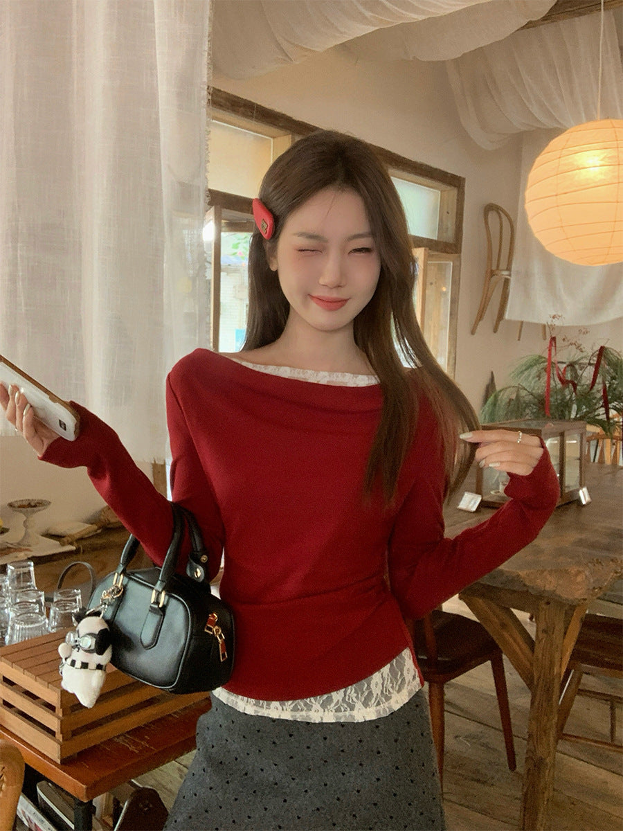 Red Off Shoulder Lace Long Sleeve Base Top
