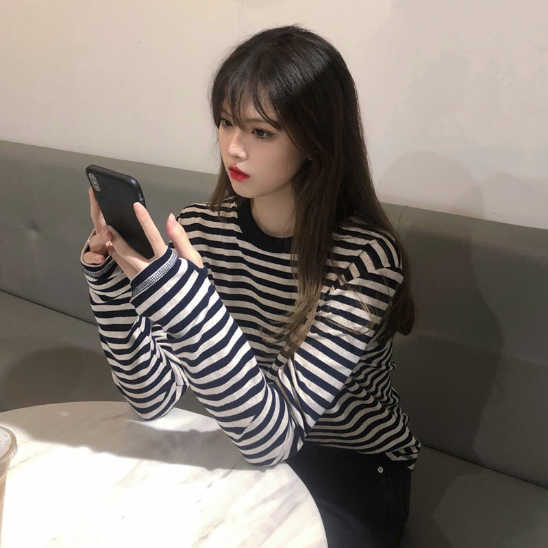 Striped Color Block Loose Long Sleeve T Shirt