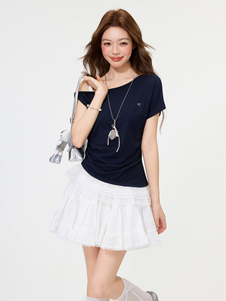 Chic Off Shoulder Lace Hem Slim Fit T Shirt